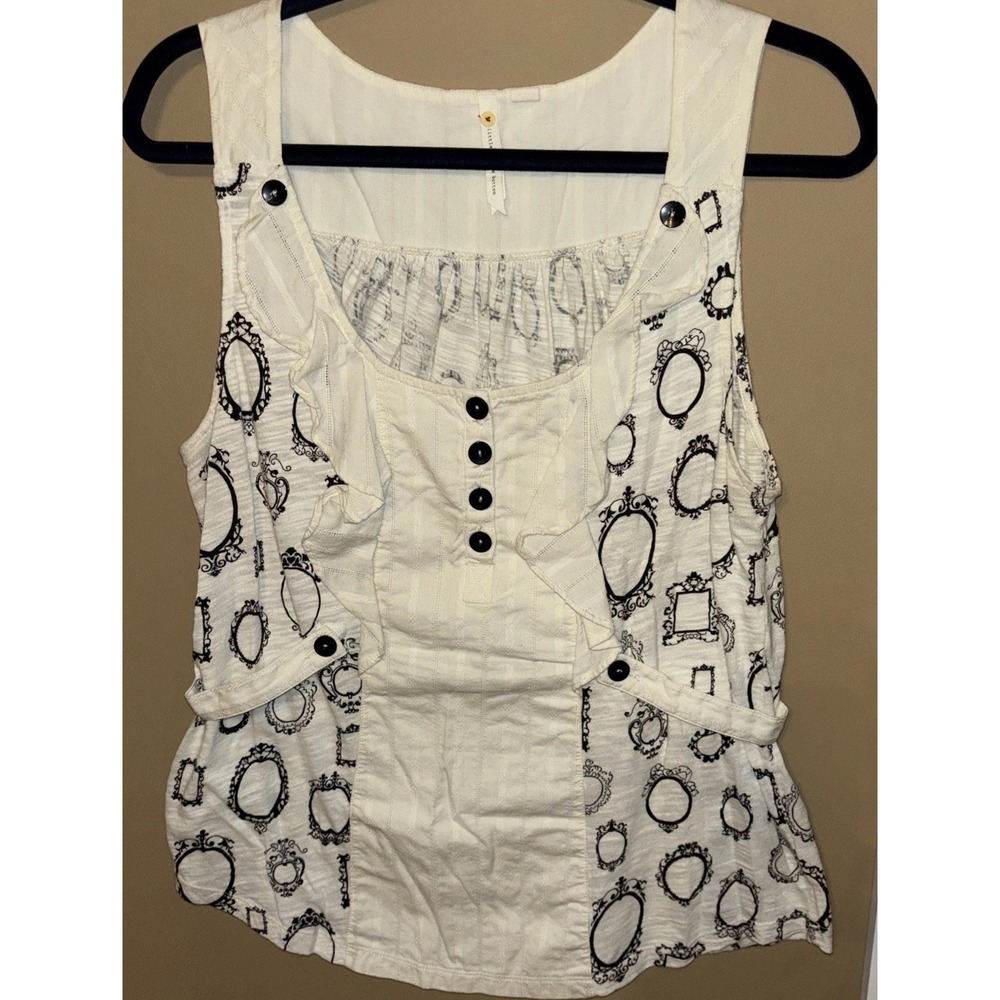 Little Yellow Button Anthropologie M Cream Black Novelty Mirror Print Top Cotton